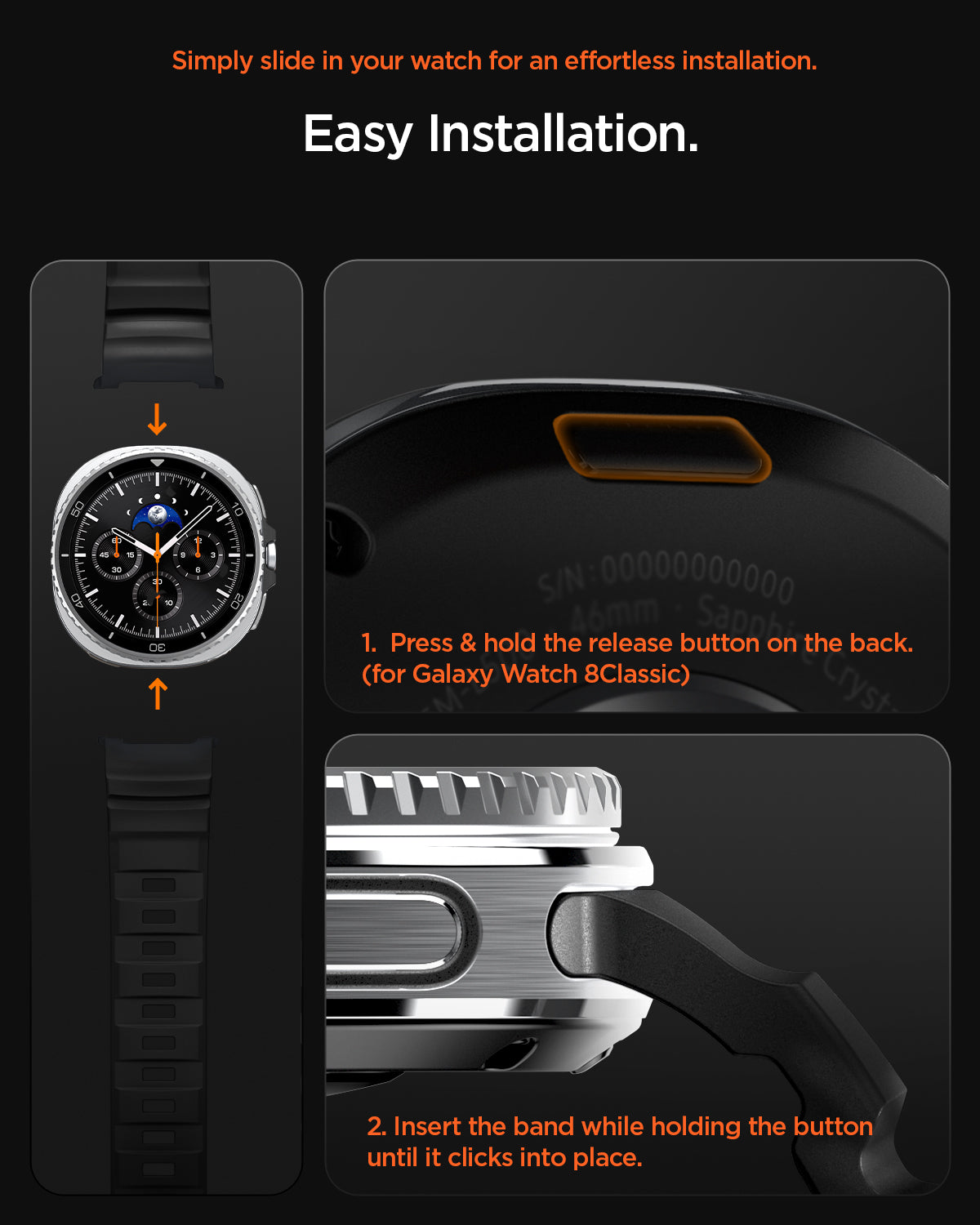 AMP10151 - Galaxy Watch 9 Series WBS2 in black showing simply slide in your watch for an effortless installation