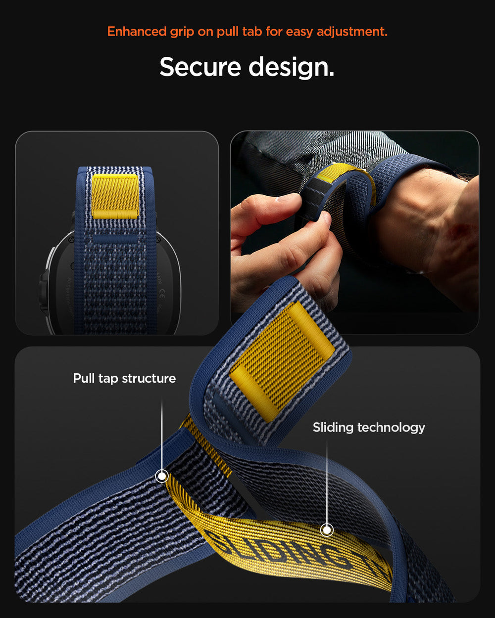 AMP10114 - Galaxy Watch 9 Series - Athlex Air in active navy showing the enhanced grip on pull tab for easy adjustment