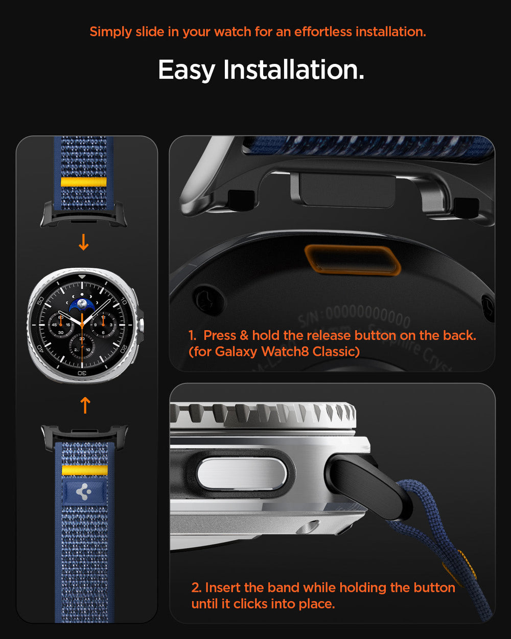 AMP10114 - Galaxy Watch 9 Series - Athlex Air in active navy showing the easy installation instructions