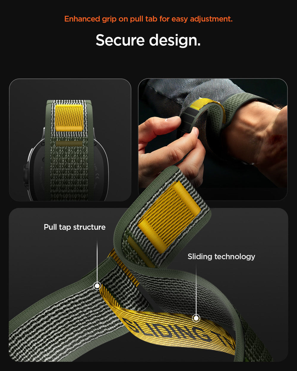 AMP10113 - Galaxy Watch 9 Series - Athlex Air in Active Green showing the enhanced grip on pull tab for easy adjustment. Secure design. Pull tap structure | sliding technology