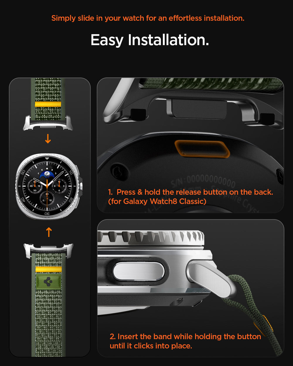 AMP10113 - Galaxy Watch 9 Series - Athlex Air in Active Green showing the simply easy installation. Simply slide in your watch for an effortless installation. 1. Press & hold release button on the back (for Galaxy Watch8 Classic) 2. Insert the band while holding t