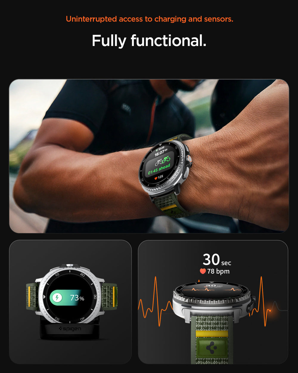 AMP10113 - Galaxy Watch 9 Series - Athlex Air in Active Green showing the uninterrupted access to charging and sensors.