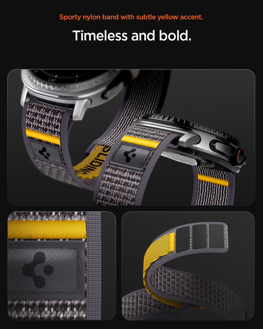 AMP10112 - Galaxy Watch 9 Series - Athlex Air in Active Gray showing the sporty nylon band with subtle yellow accent