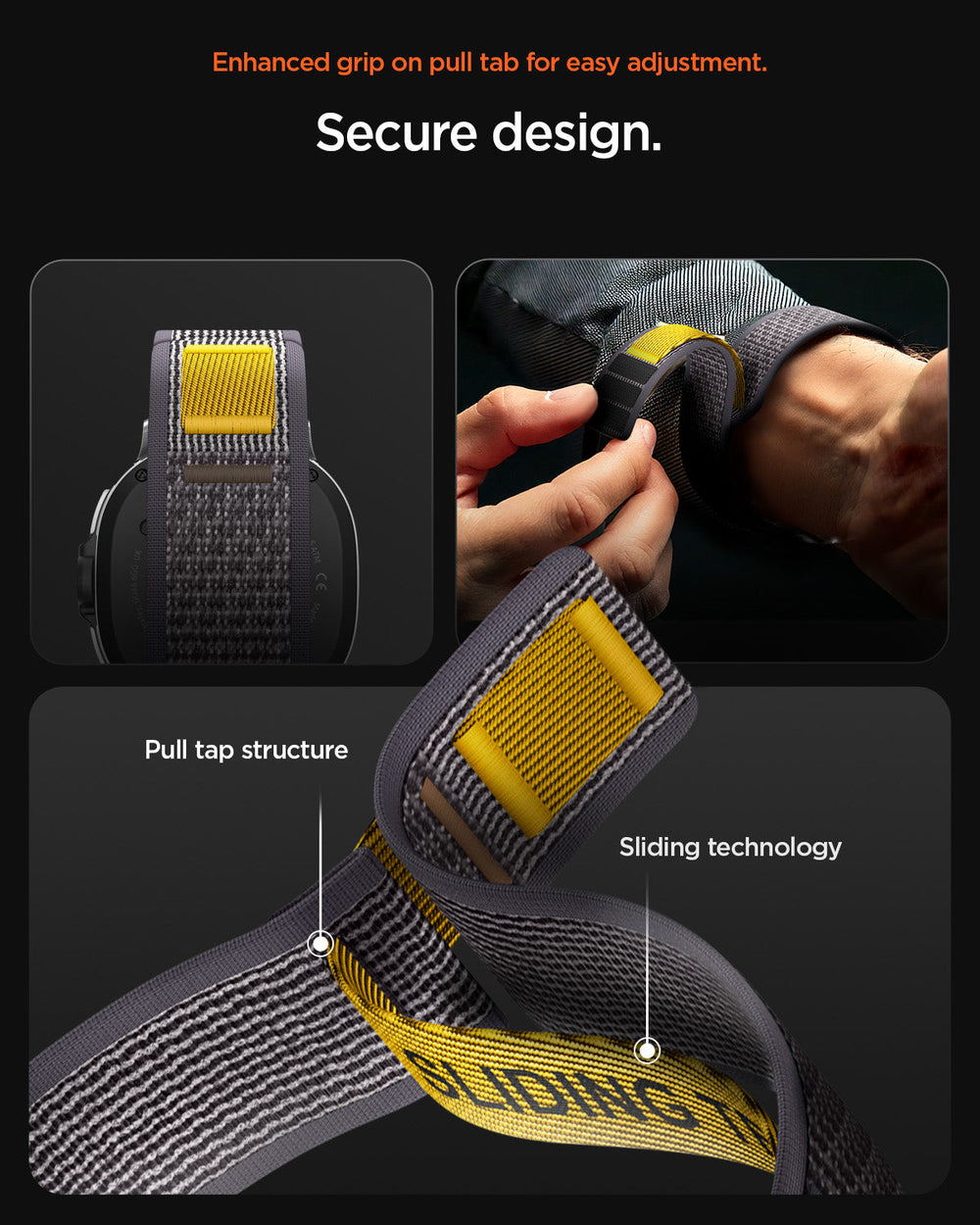 AMP10112 - Galaxy Watch 9 Series - Athlex Air in Active Gray showing the enhanced grip on pull tab for easy adjustment. Secure design. Pull tap structure | sliding technology