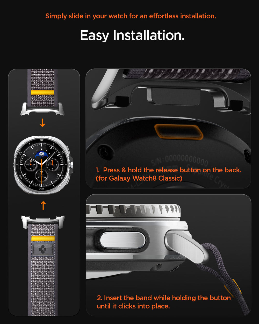 AMP10112 - Galaxy Watch 9 Series - Athlex Air in Active Gray showing the simply easy installation. Simply slide in your watch for an effortless installation. 1. Press & hold release button on the back (for Galaxy Watch8 Classic) 2. Insert the band while holding th