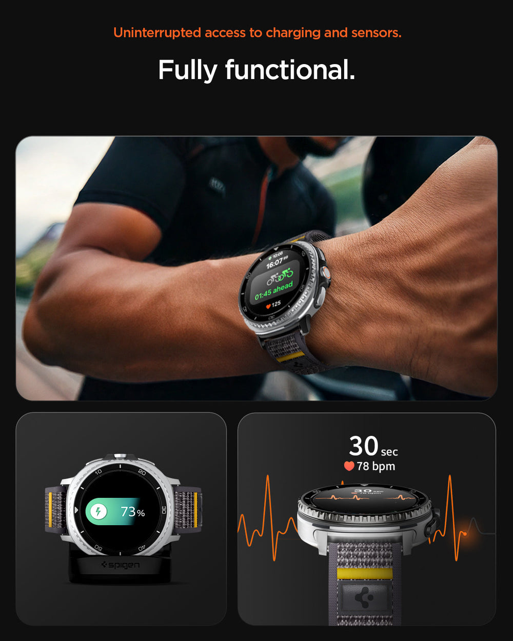 AMP10112 - Galaxy Watch 9 Series - Athlex Air in Active Gray showing the uninterrupted access to charging and sensors.