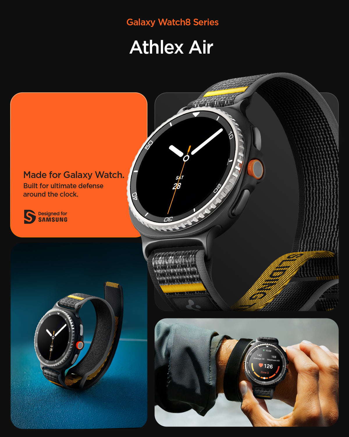 AMP10111 - Galaxy Watch 8 Series Athlex Air in Active Black showing made for galaxy watch. built for ultimate defense around the clock.