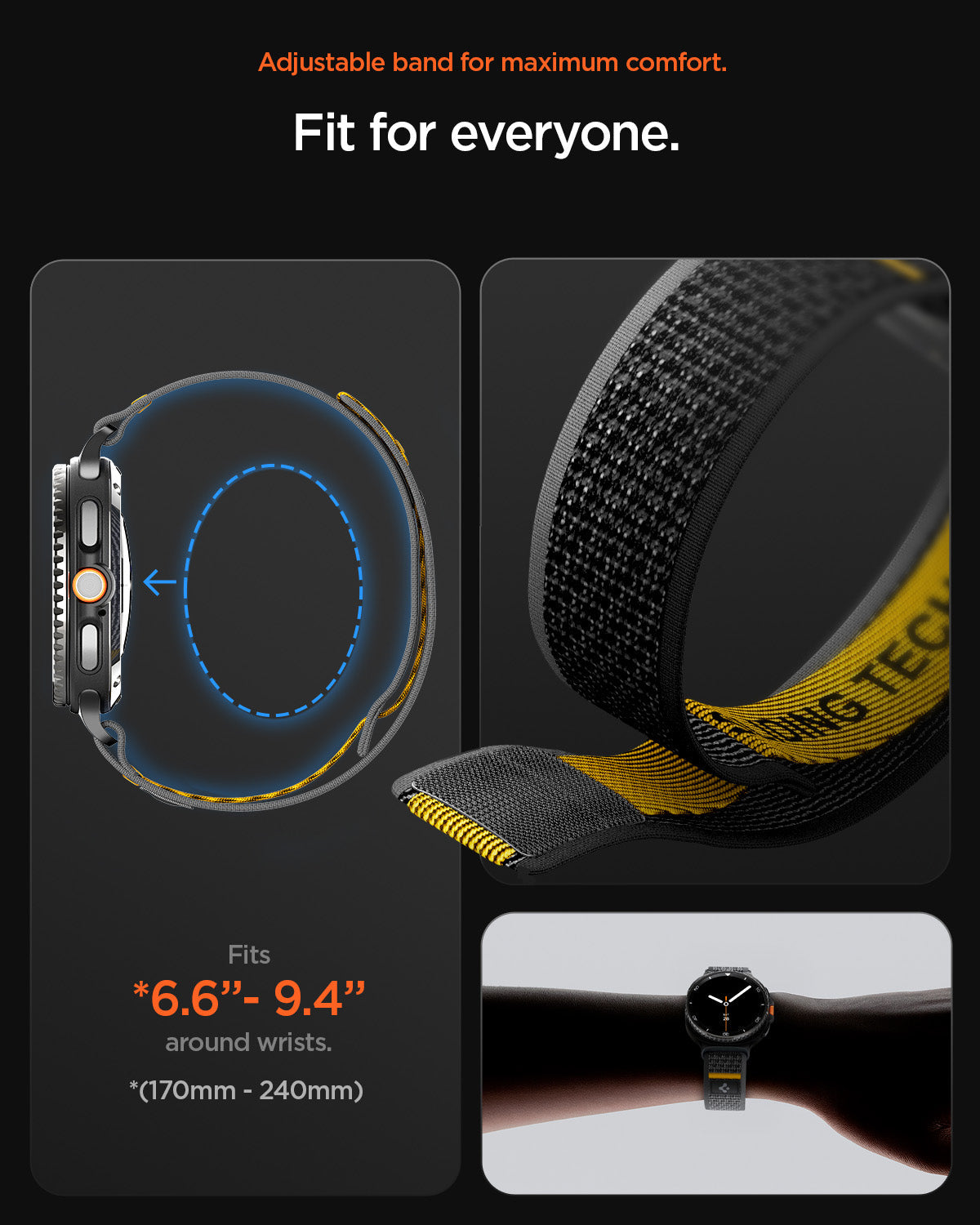 AMP10111 - Galaxy Watch 9 Series - Athlex Air in Active Black showing fit for everyone. adjustable band for maximum comfort.