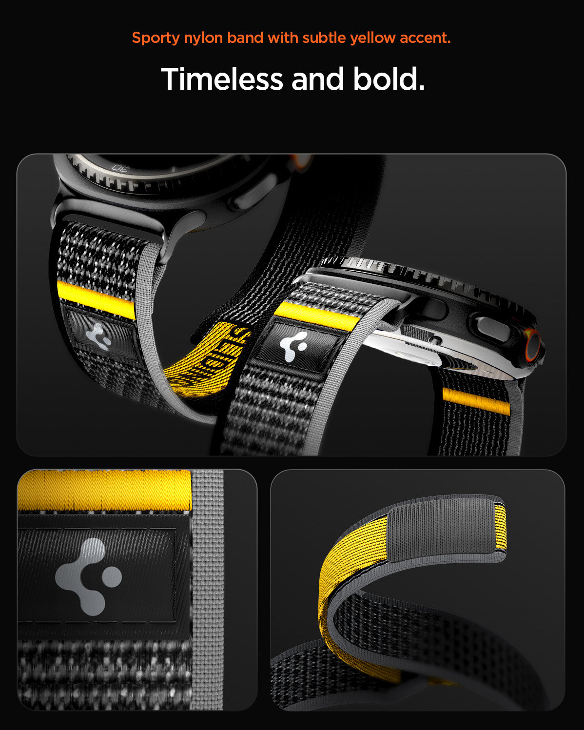 AMP10111 - Galaxy Watch 9 Series - Athlex Air in Active Black showing timeless and bold. sporty nylon band with subtle yellow accent.
