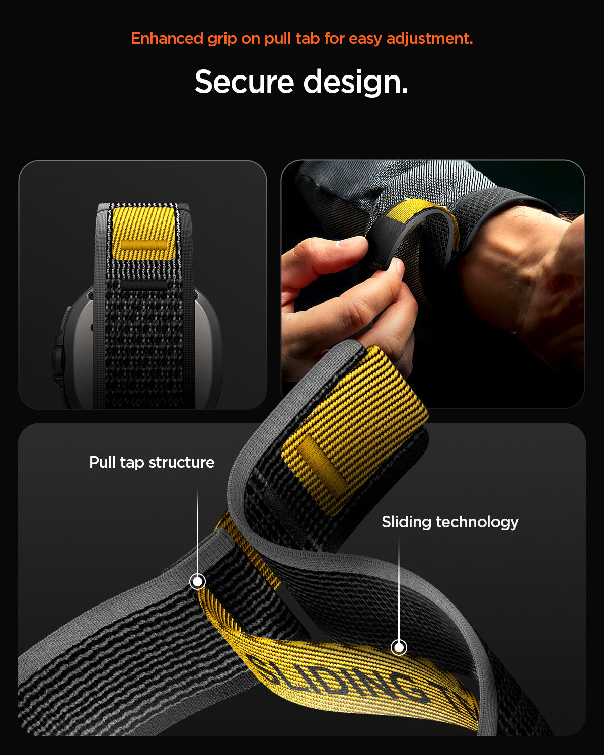 AMP10111 - Galaxy Watch 8 Series Athlex Air in Active Black showing secure design. enhanced grip on pull tab for easy adjustment