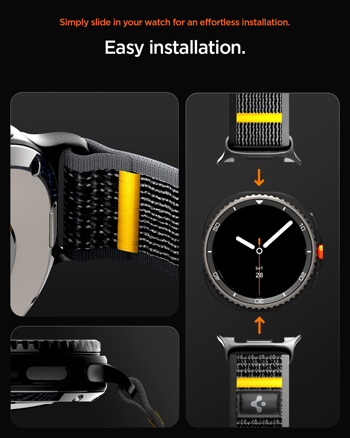 AMP10111 - Galaxy Watch 8 Series Athlex Air in Active Black showing easy installation. simply slide in your watch for an effortless installation