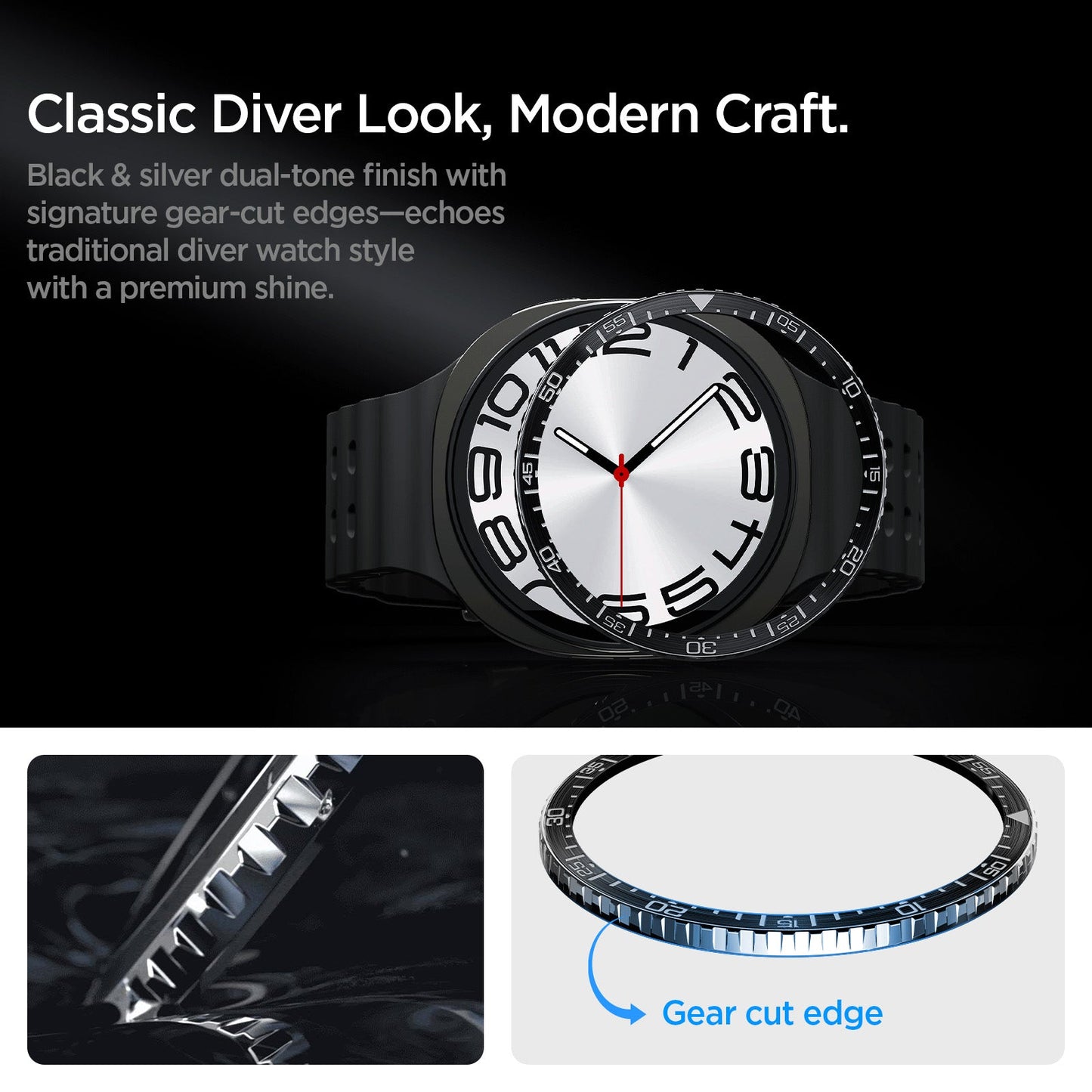 ACS10008 - Galaxy Watch 9 Bezel Tune in black classic diver look, modern craft. black and sliver dual tone finish with signature gear cut edges echoes traditional diver watch style with premium shine. Gear cut edge.