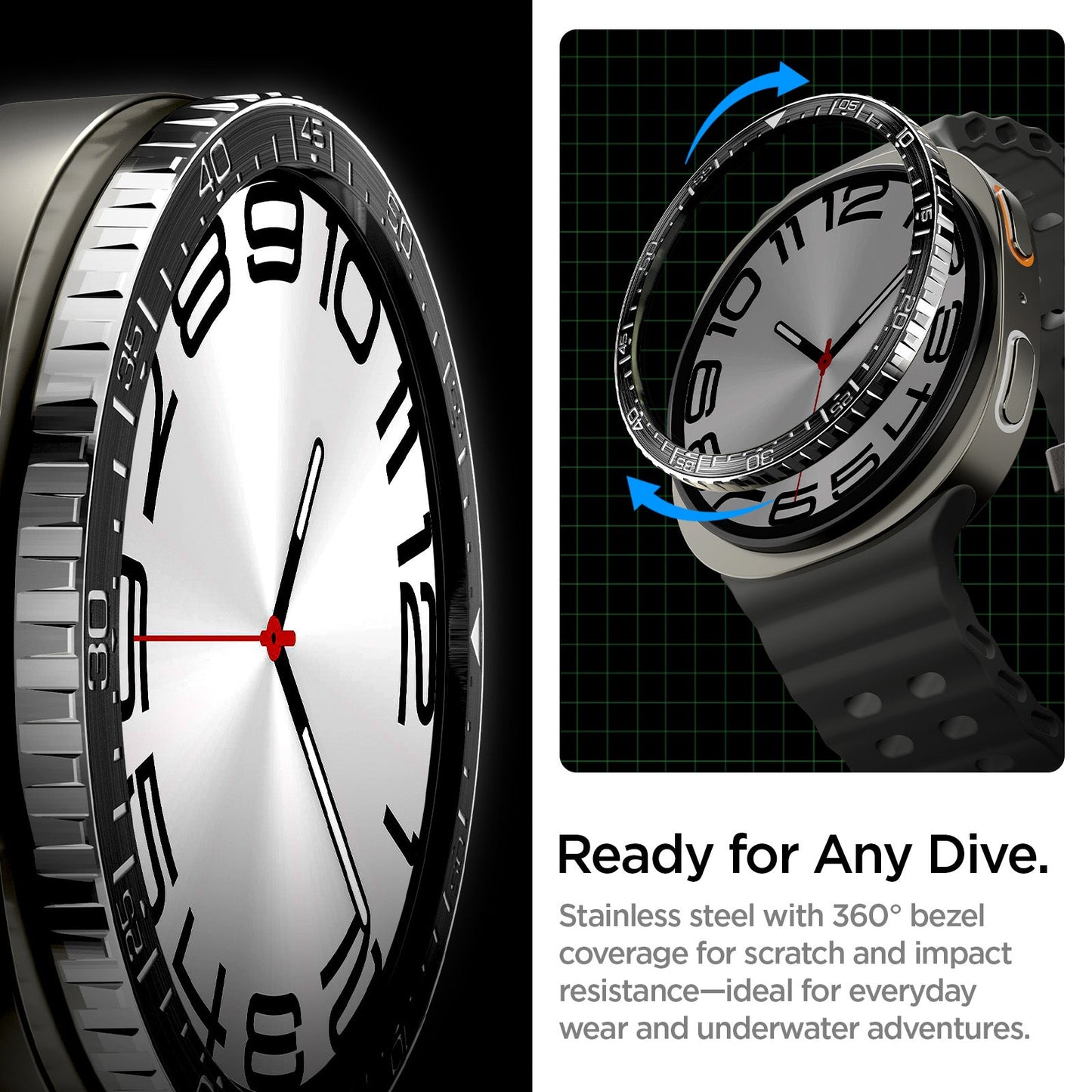 ACS10008 - Galaxy Watch 9 Bezel Tune in black ready for any dive. stainless steel with 360 bezel coverage for scratch and impact resistance ideal for everyday wear and underwater adventures