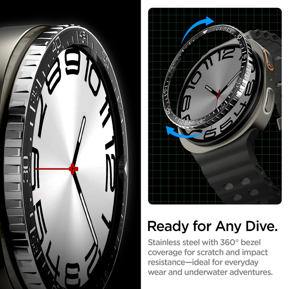 ACS10008 - Galaxy Watch 9 Bezel Tune in black ready for any dive. stainless steel with 360 bezel coverage for scratch and impact resistance ideal for everyday wear and underwater adventures