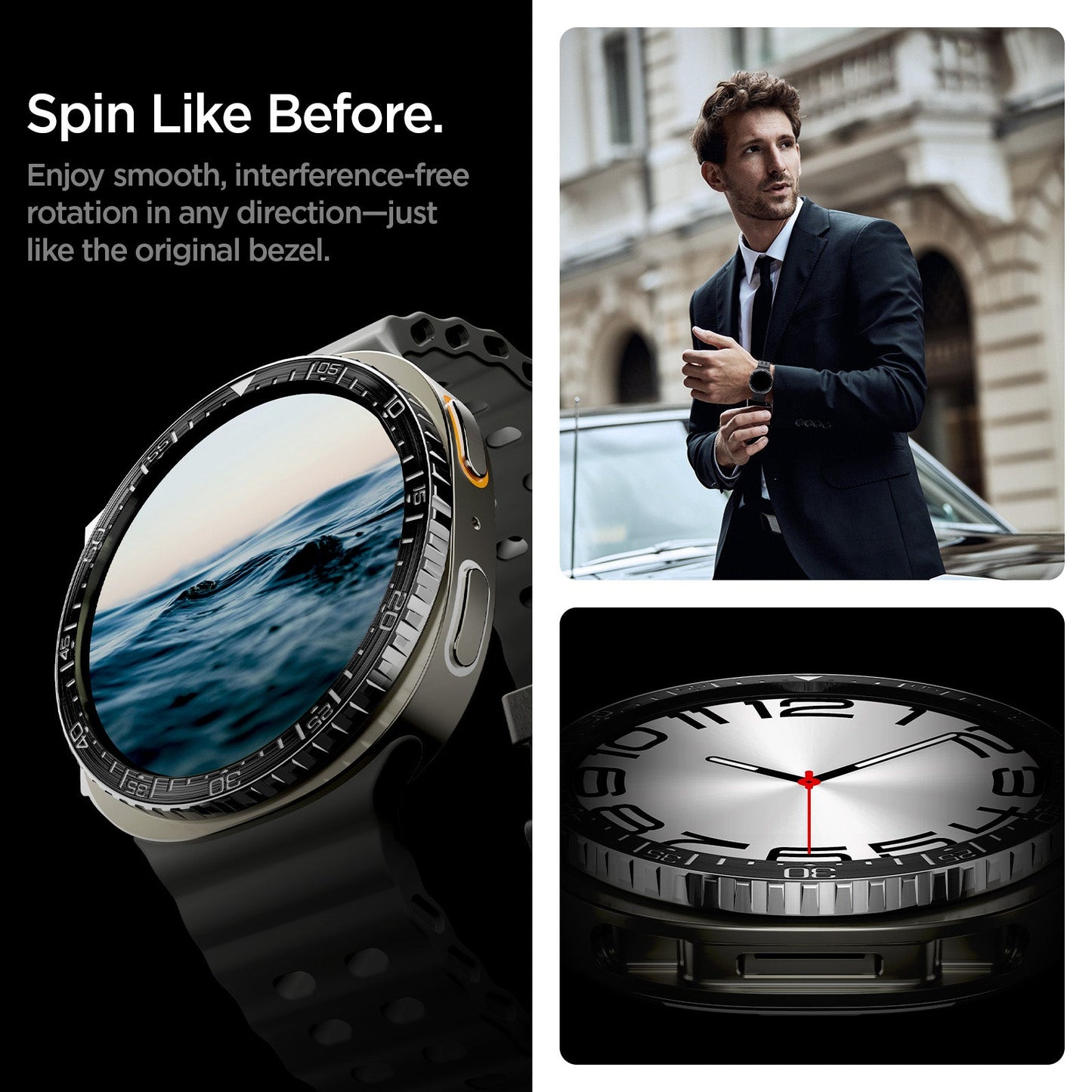 ACS10008 - Galaxy Watch 9 Bezel Tune in black spin like before. enjoy smooth, interference free rotation in any direction just like the original bezel.