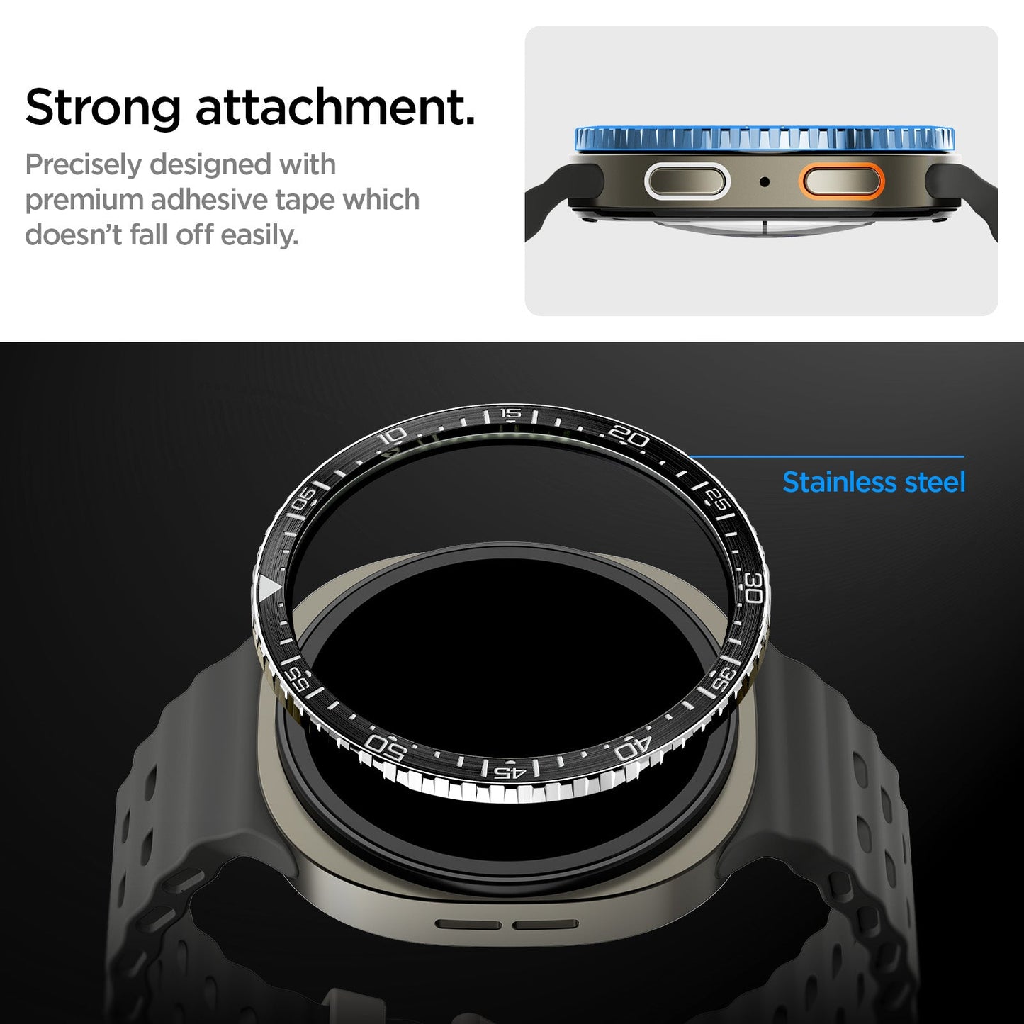 ACS10008 - Galaxy Watch 8 44mm Bezel Tune in black strong attachment precisely designed with premium adhesive tape which doesn't fall off easily. stainless steel.