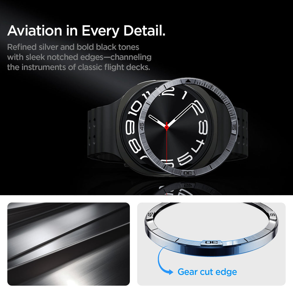 ACS10009 - Galaxy Watch 9 Bezel Tune in sliver classic diver look, modern craft. black and sliver dual tone finish with signature gear cut edges echoes traditional diver watch style with premium shine. Gear cut edge.