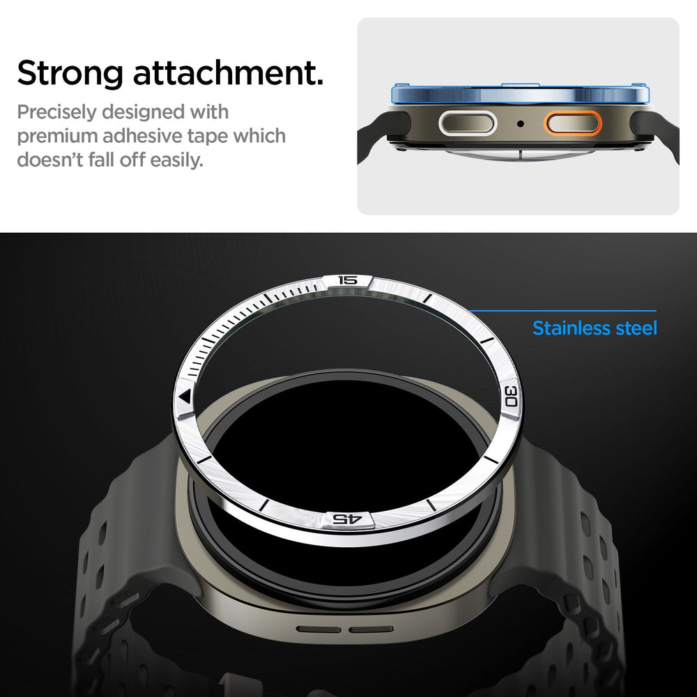 ACS10009 - Galaxy Watch 9 Bezel Tune in sliver strong attachment precisely designed with premium adhesive tape which doesn't fall off easily. stainless steel.