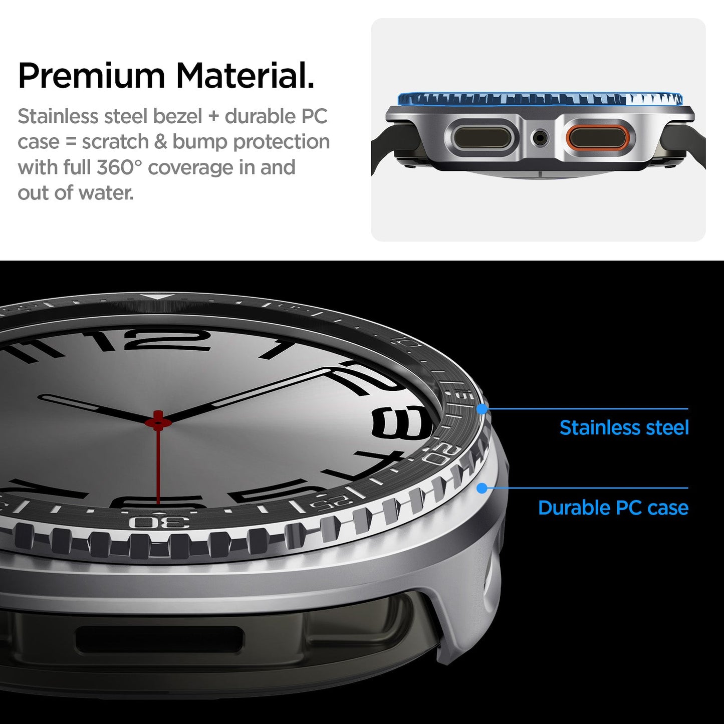 ACS10010 - Galaxy Watch 9 Bezel Tune Pro in black showing premium material, stainless steel bezel + durable pc case scratch and bump protection with full 360 coverage in and out of water