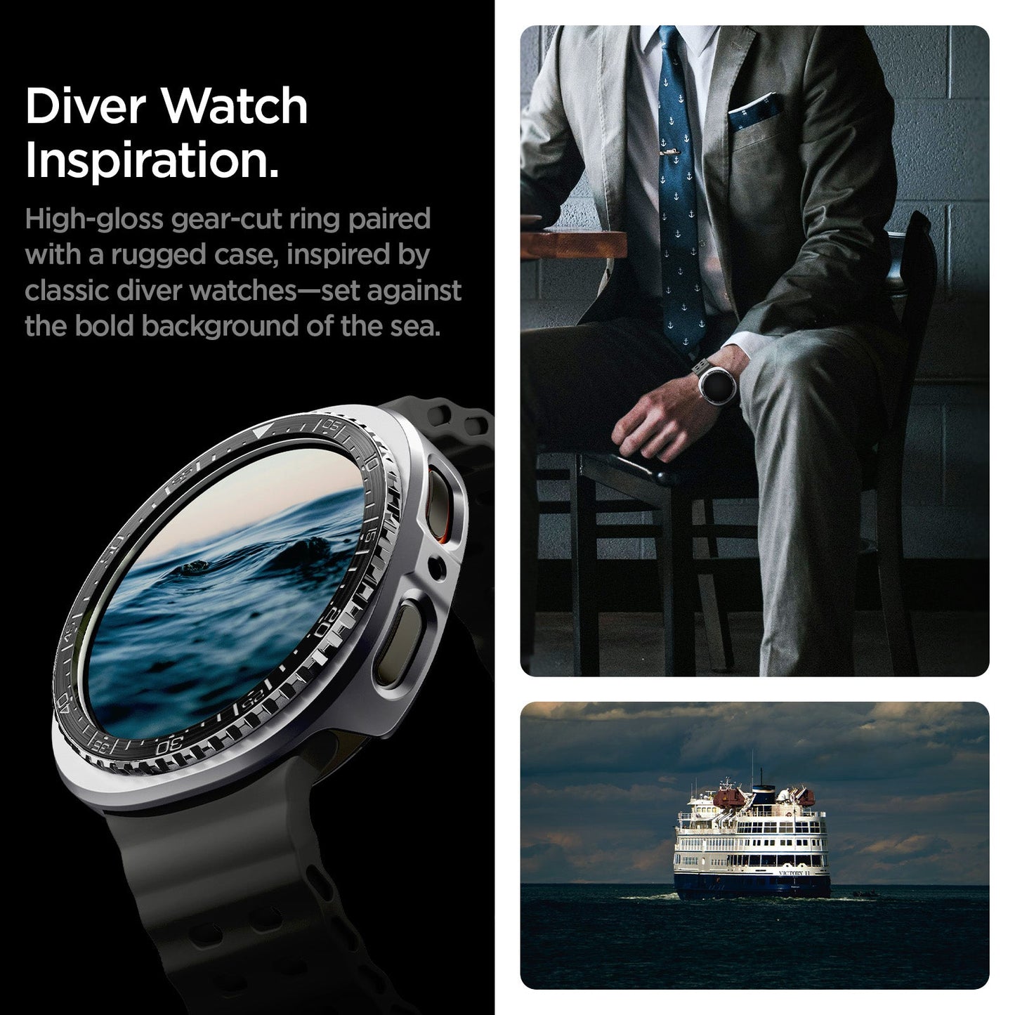 ACS10010 - Galaxy Watch 9 Bezel Tune Pro in black diver watch inspiration. high gloss gear cut ring paired with a rugged case, inspired by classic diver watches, set against he bold background of the sea.