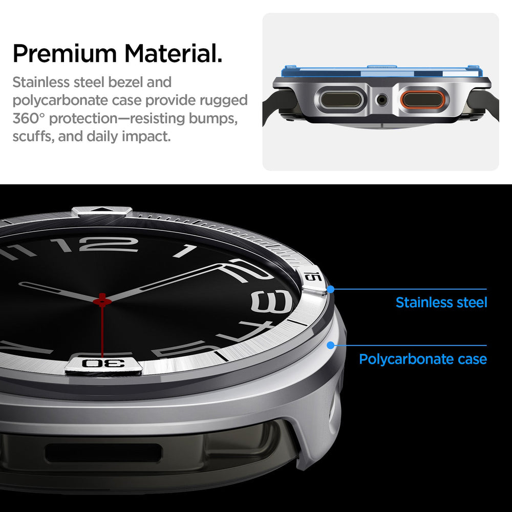 ACS10011 - Galaxy Watch 9 Bezel Tune Pro in sliver showing premium material, stainless steel bezel + durable pc case scratch and bump protection with full 360 coverage in and out of water