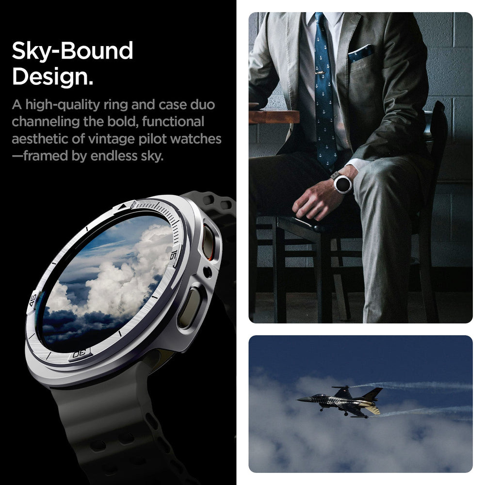 ACS10011 - Galaxy Watch 9 Bezel Tune Pro in sliver sky bound design. a high quality ring and case duo channeling the bold, functional aesthetic of vintage pilot watches framed by endless sky