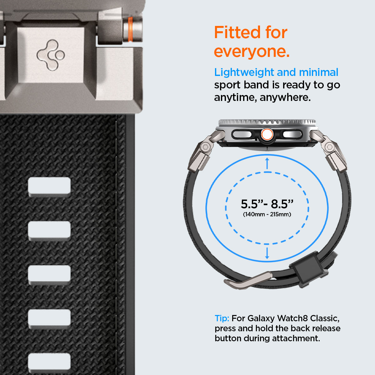 AMP10118 - Galaxy Watch 9 Series DuraPro Armor band in black showing fitted for everyone, lightweight and minimal.