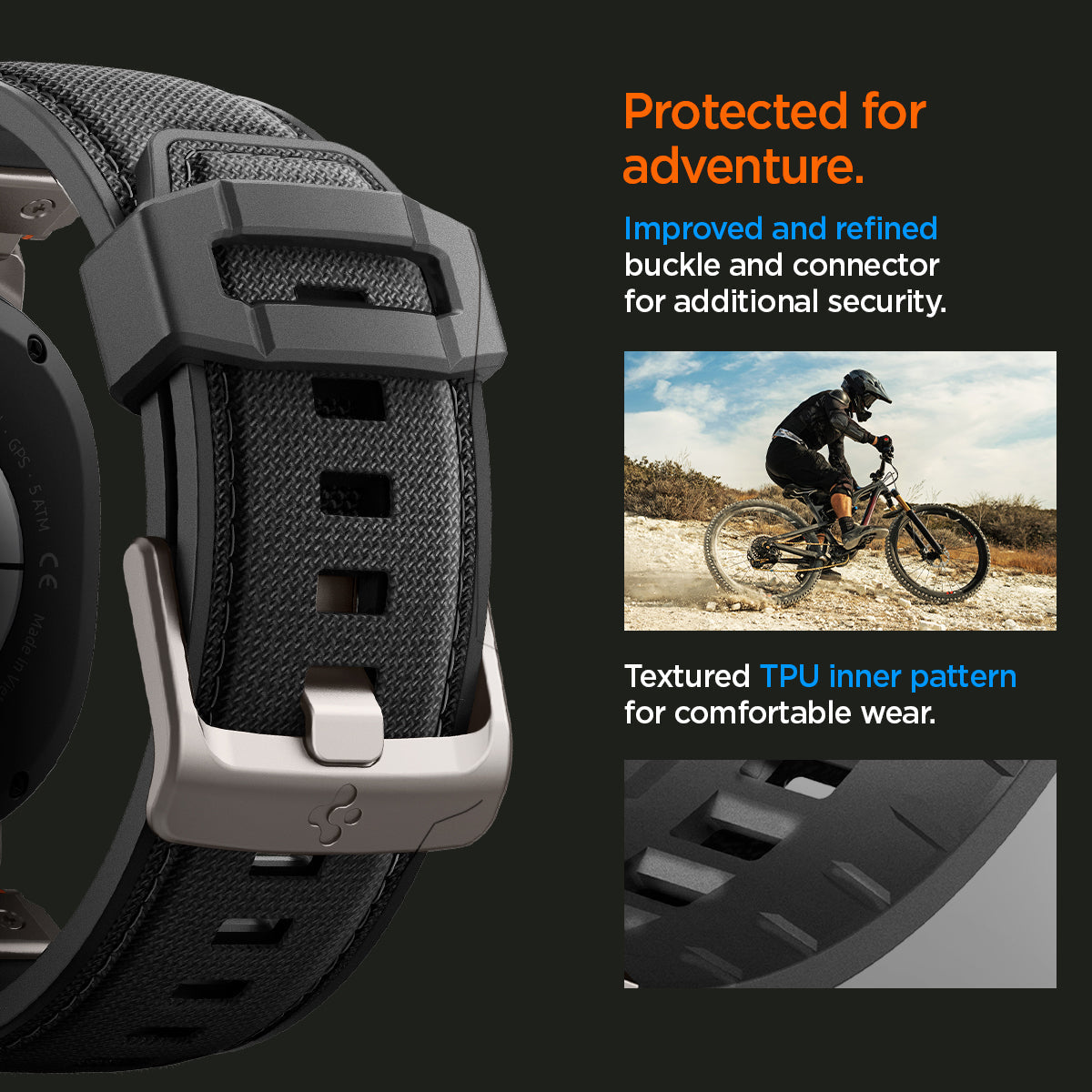 AMP10118 - Galaxy Watch 9 Series DuraPro Armor band in black showing the protection for adventure