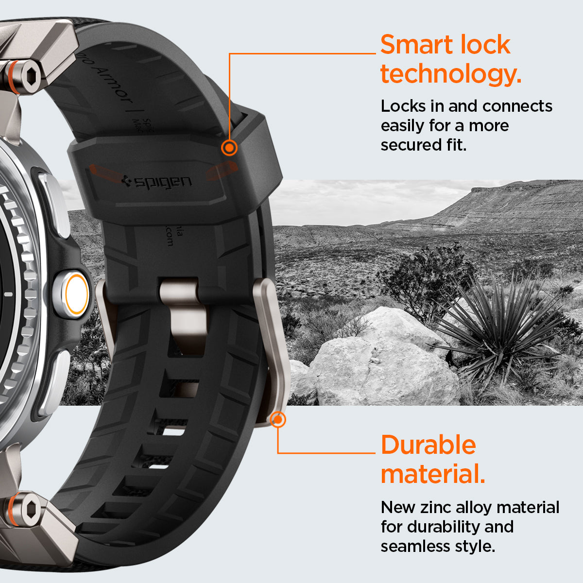 AMP10118 - Galaxy Watch 9 Series DuraPro Armor band in black showing the durable material and smart lock technology