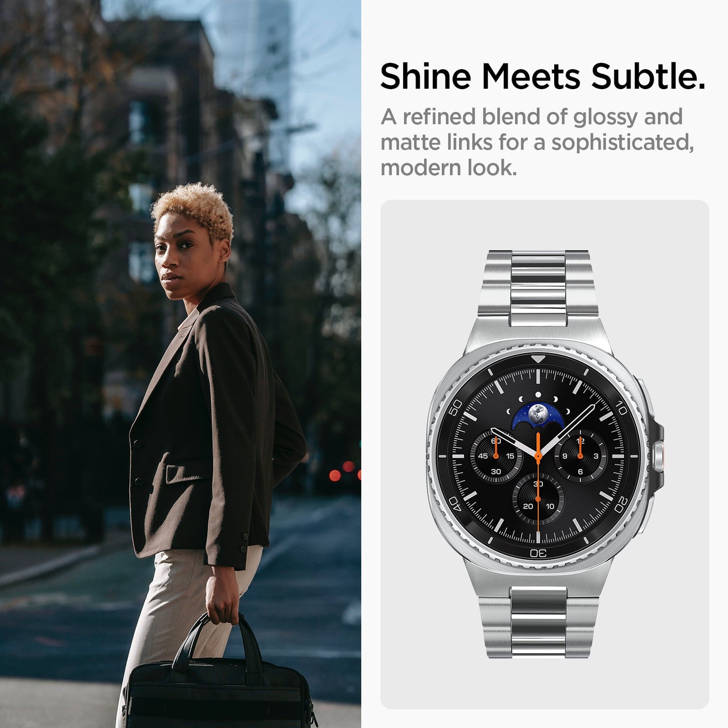 AMP10120 - Galaxy Watch 9 Series - Modern Fit 316L Band showing shine meets subtle. 