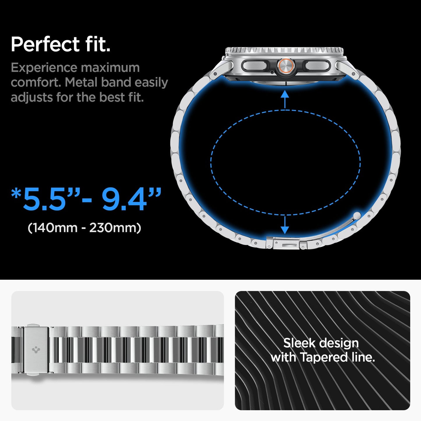 AMP10120 - Galaxy Watch 9 Series - Modern Fit 316L Band showing perfect fit. sleek design with tapered line