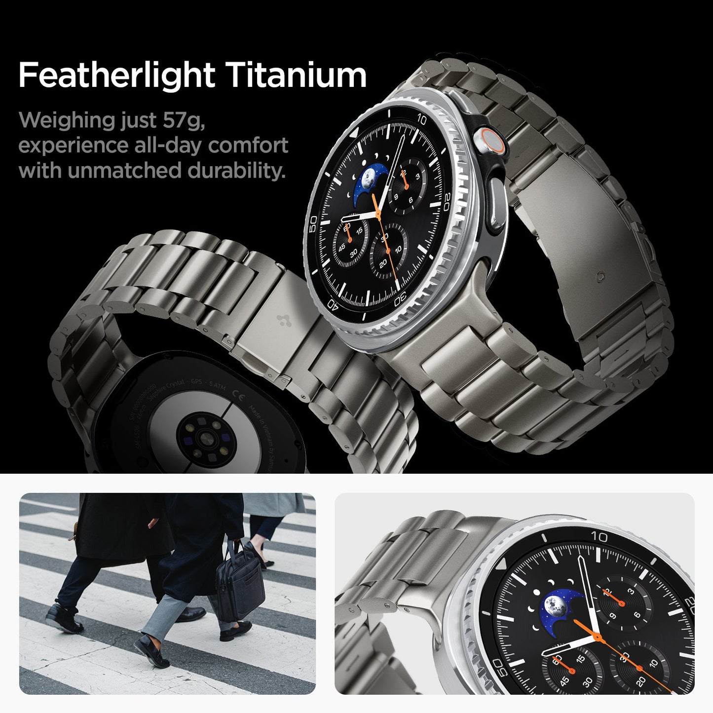 AMP10122 - Galaxy Watch 9 Series Modern Fit Titanium showing featherlight titanium. weighing just 57g, experience all day comfort with unmatched durability