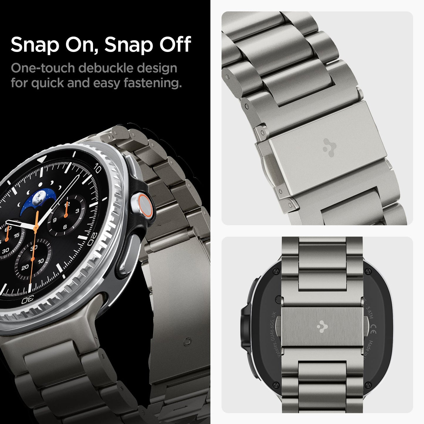 AMP10122 - Galaxy Watch 9 Series Modern Fit Titanium showing snap on snap off. one touch debuckle design for quick and easy fastening