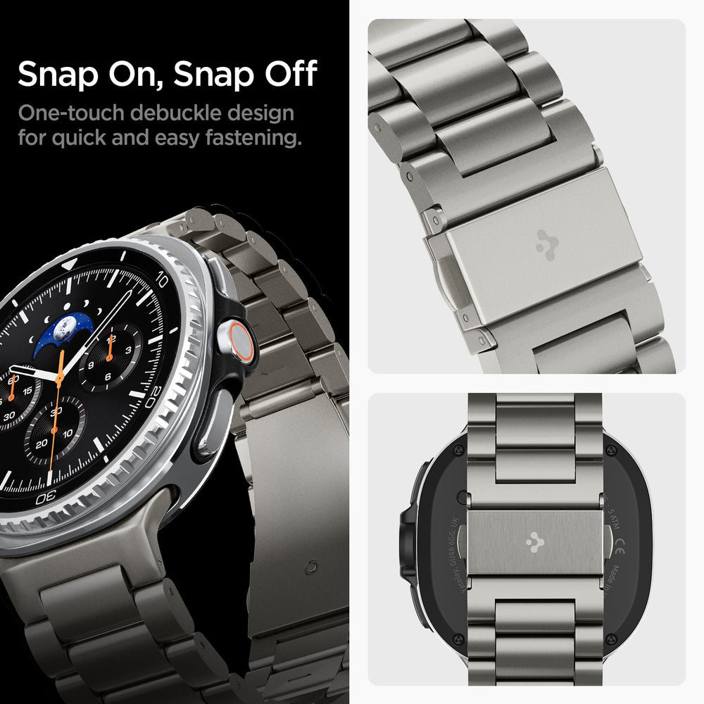 AMP10122 - Galaxy Watch 9 Series Modern Fit Titanium showing snap on snap off. one touch debuckle design for quick and easy fastening