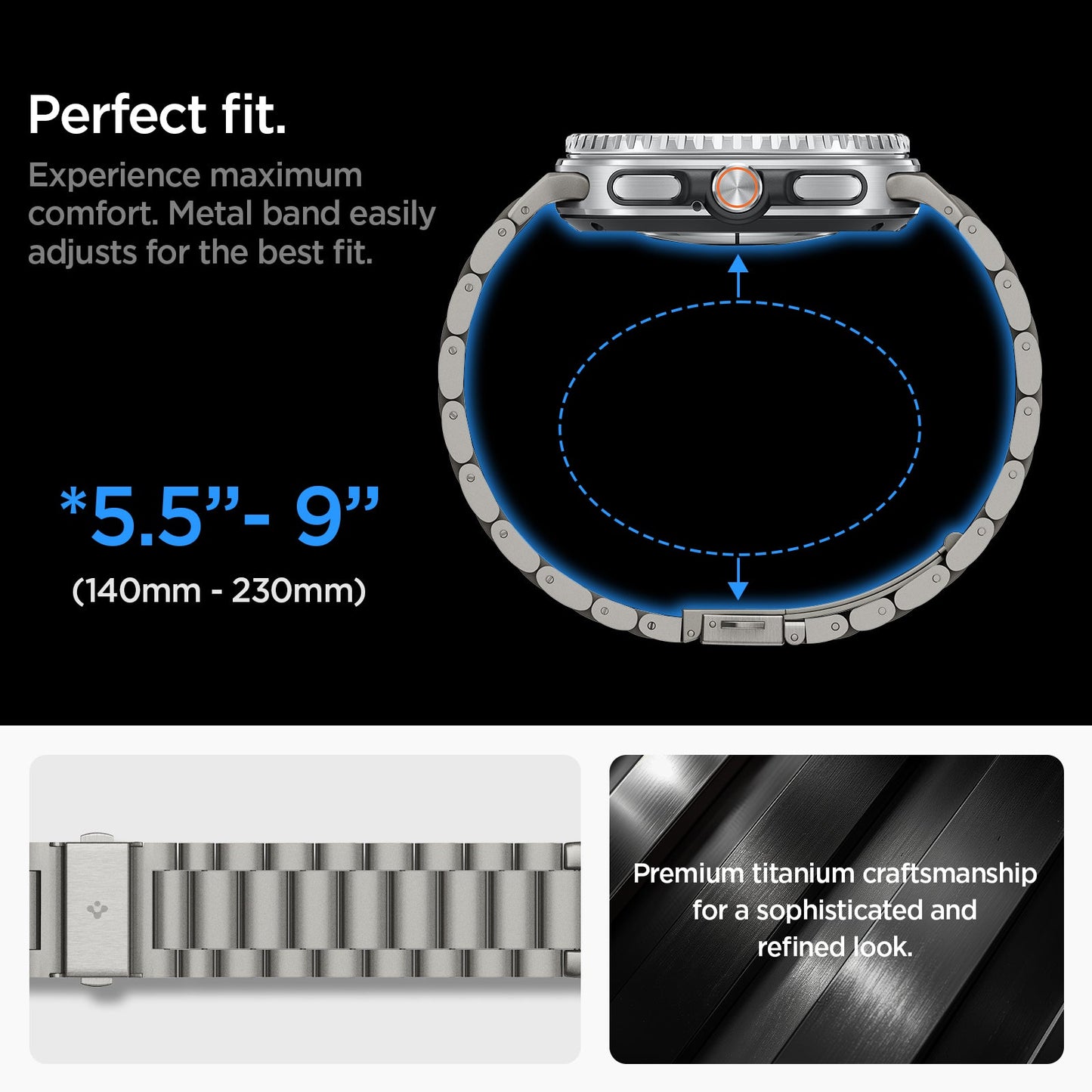 AMP10122 - Galaxy Watch 9 Series Modern Fit Titanium showing perfect fit. 140mm-230mm