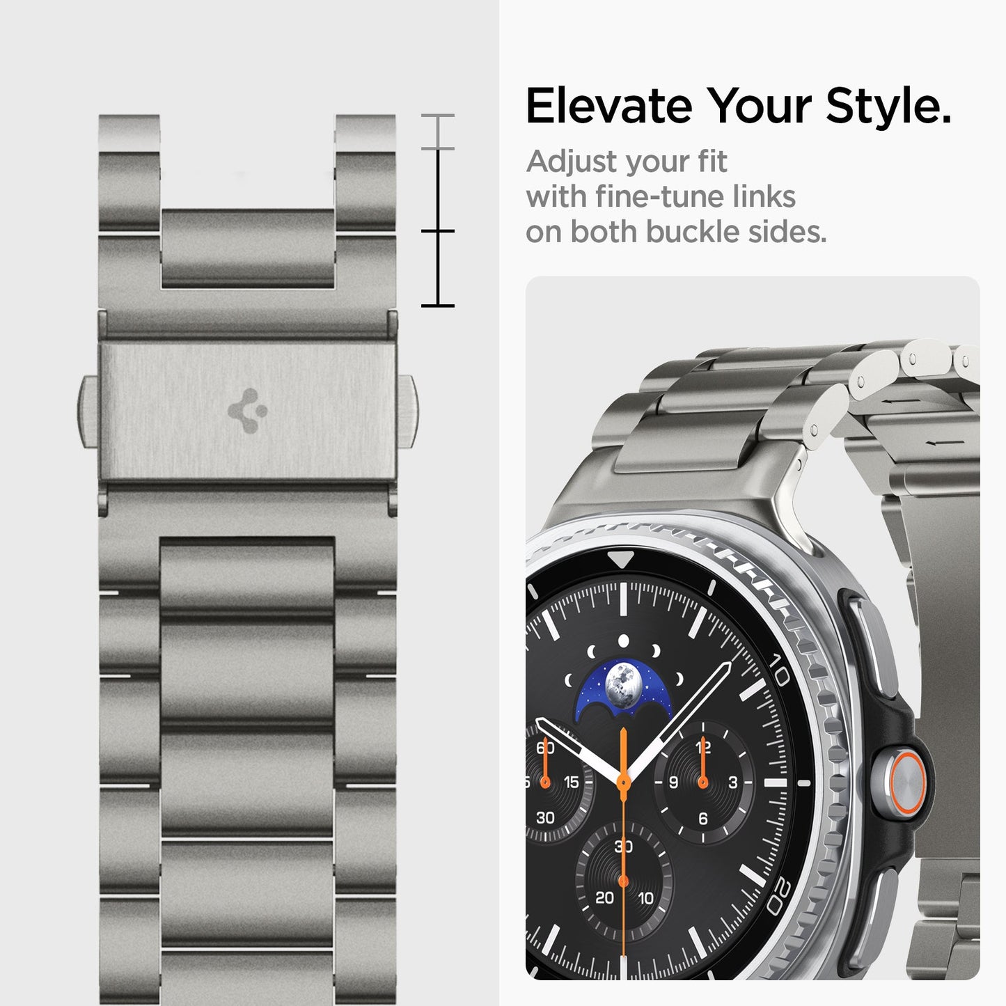 AMP10122 - Galaxy Watch 9 Series Modern Fit Titanium showing elevate your style. adjust your fit with fine tune links on both buckle sides