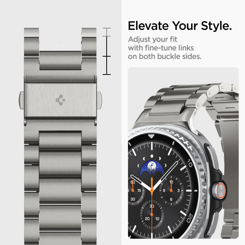 AMP10122 - Galaxy Watch 9 Series Modern Fit Titanium showing elevate your style. adjust your fit with fine tune links on both buckle sides