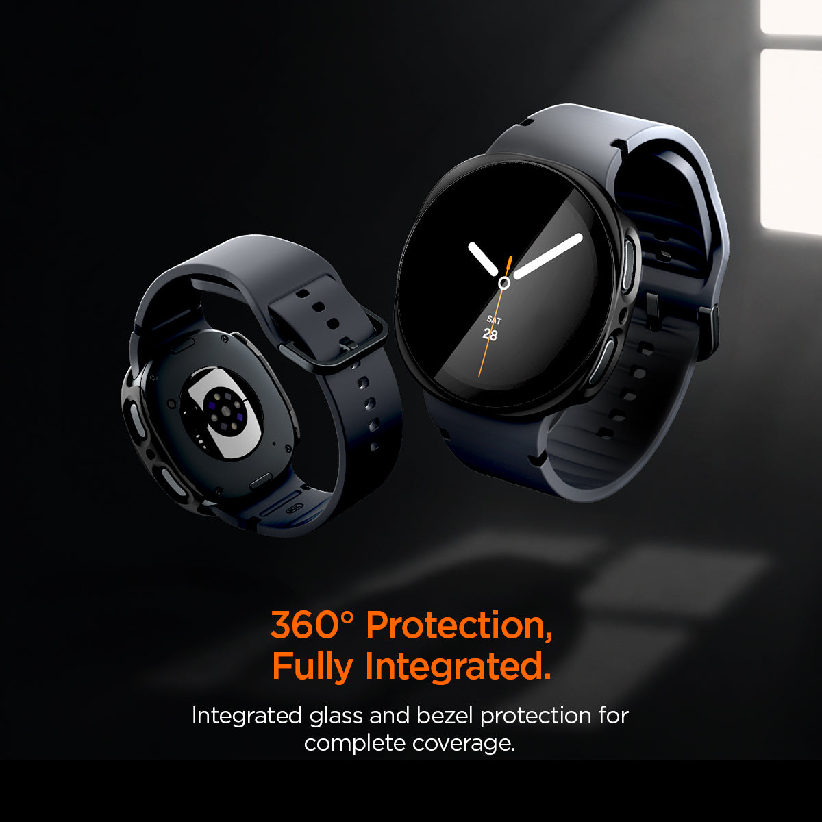 ACS11597 - Galaxy Watch 9 (40mm) Thin Fit 360 showing two Galaxy Watch 9 (40mm) cases floating with 360 degree glass and bezel protection highlighted