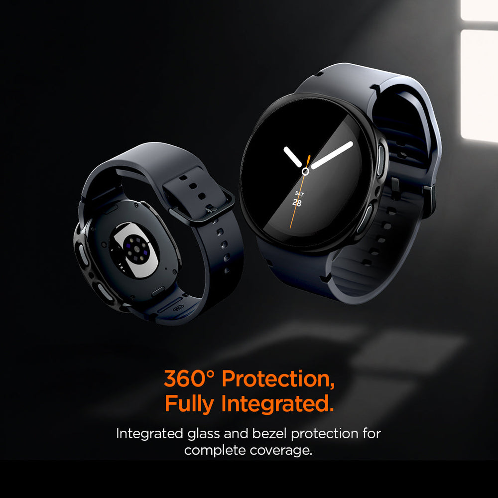 ACS11597 - Galaxy Watch 9 (40mm) Thin Fit 360 showing two Galaxy Watch 9 (40mm) cases floating with 360 degree glass and bezel protection highlighted