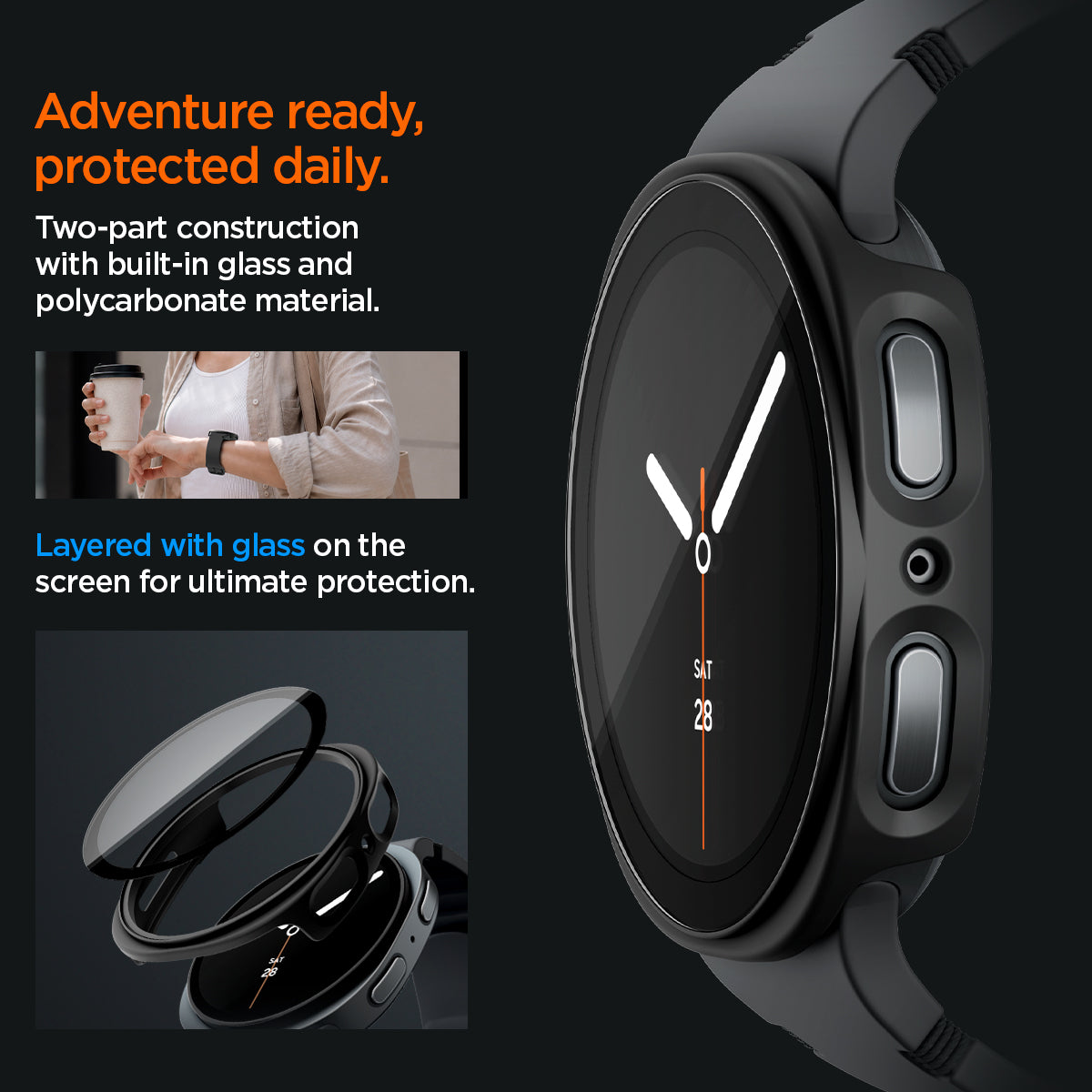 ACS11597 - Galaxy Watch 9 (40mm) Thin Fit 360 showing Galaxy Watch 9 (40mm) case side profile with built-in glass layers, worn while holding coffee