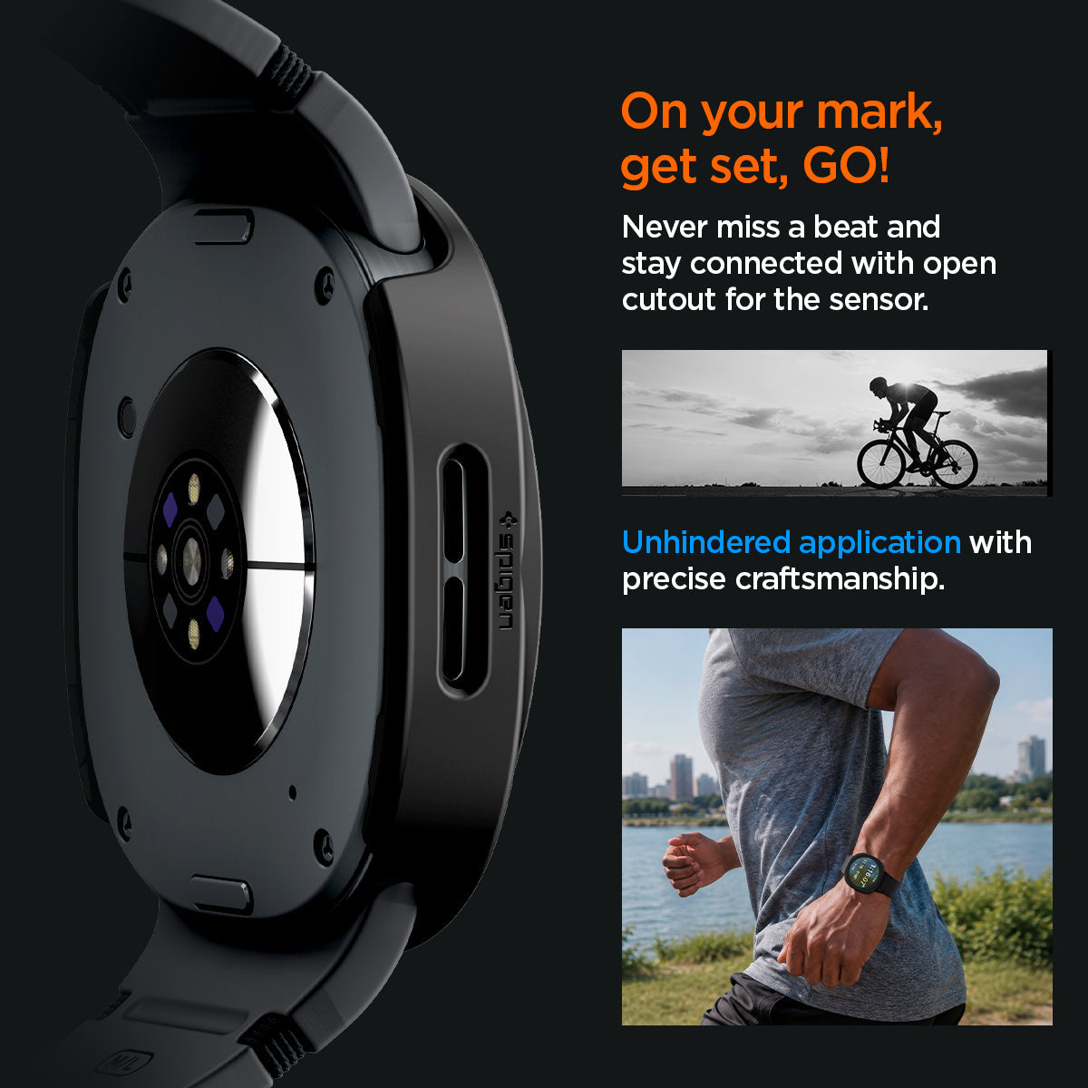 ACS11597 - Galaxy Watch 9 (40mm) Thin Fit 360 showing Galaxy Watch 9 (40mm) case back with open sensor cutout, plus a cyclist and a runner wearing it