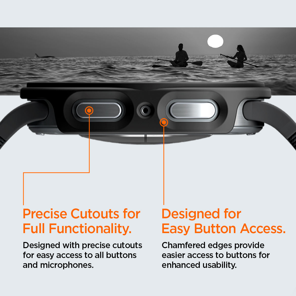 ACS11597 - Galaxy Watch 9 (40mm) Thin Fit 360 showing Galaxy Watch 9 (40mm) case bottom edge with button cutouts, plus two people paddleboarding