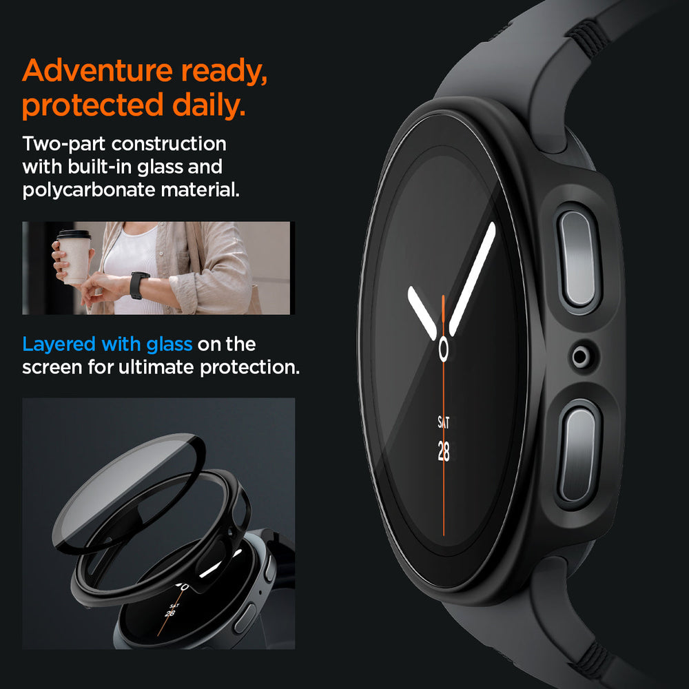ACS11601 - Galaxy Watch 9 (44mm) Thin Fit 360 showing Galaxy Watch 9 (44mm) case side profile with built-in glass layers, worn while holding coffee