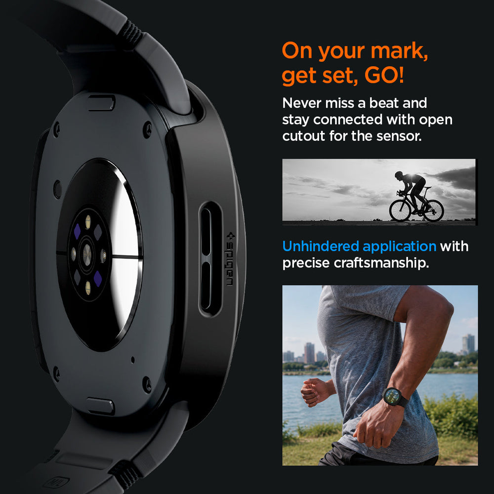 ACS11601 - Galaxy Watch 9 (44mm) Thin Fit 360 showing Galaxy Watch 9 (44mm) case back with open sensor cutout, plus a cyclist and a runner wearing it