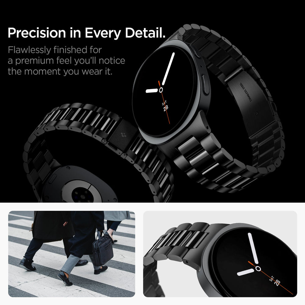 AMP11608 - Galaxy Watch 9 Series - Modern Fit 316L Band showing Galaxy Watch 9 watch and metal band close-up, plus people walking and a zoomed band and face view