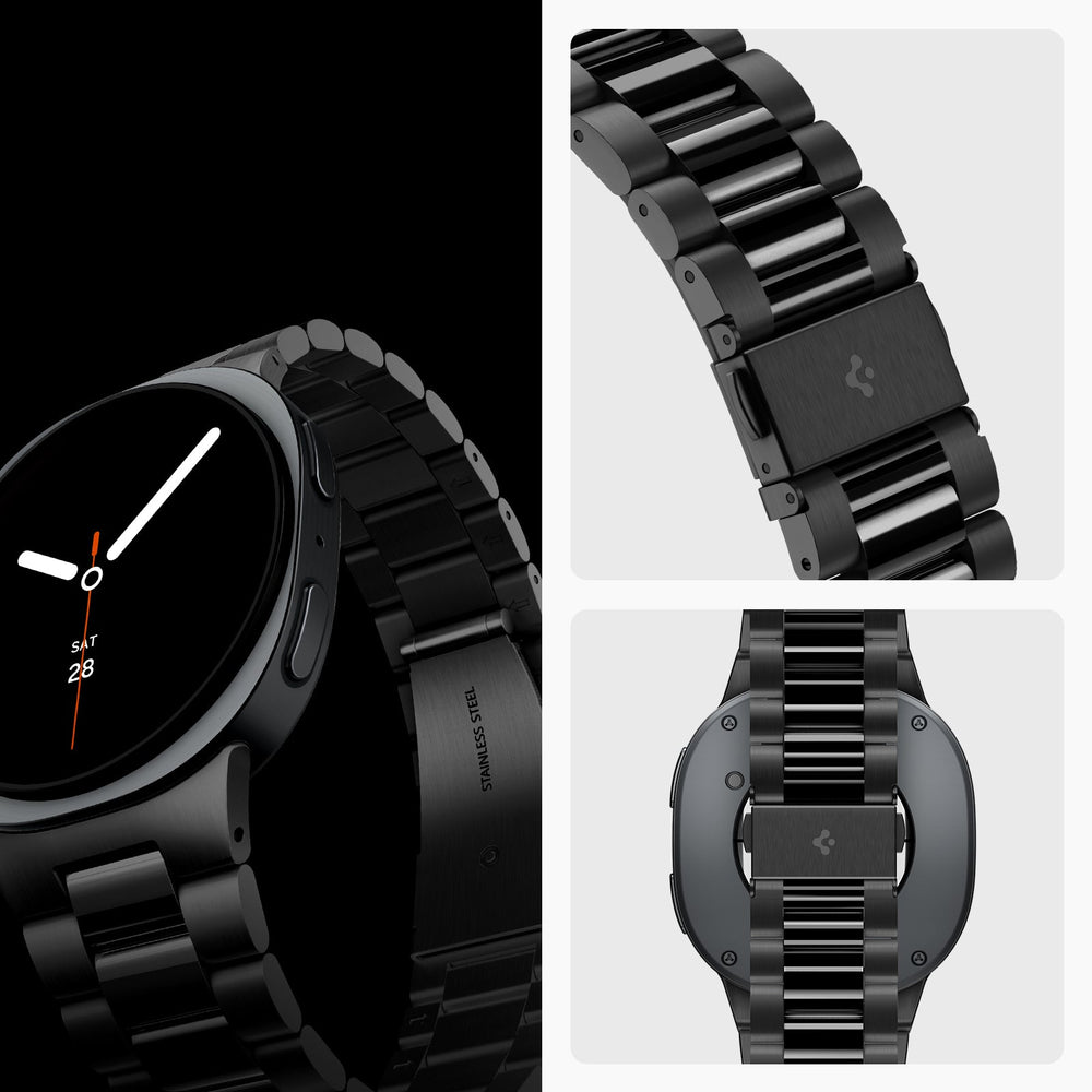 AMP11608 - Galaxy Watch 9 Series - Modern Fit 316L Band showing Galaxy Watch 9 watch face angled with metal band, clasp close-ups, and the watch back with band