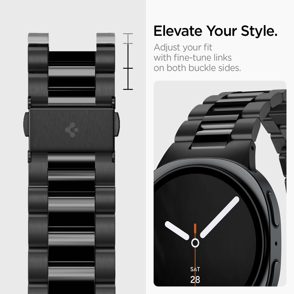 AMP11608 - Galaxy Watch 9 Series - Modern Fit 316L Band showing close-up of Galaxy Watch 9 band buckle links and the watch side profile with metal band attached