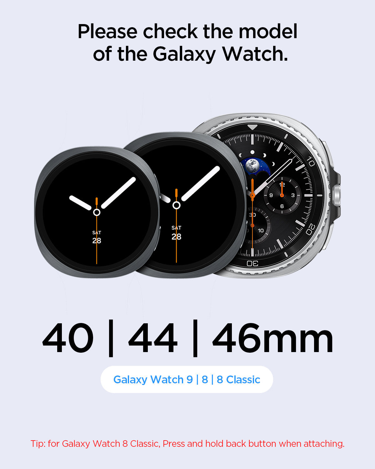 AMP11607 - Galaxy Watch 9 Series WBF1 showing size chart for checking Galaxy Watch 9 model, 40, 44, and 46mm face sizes with fitting tip