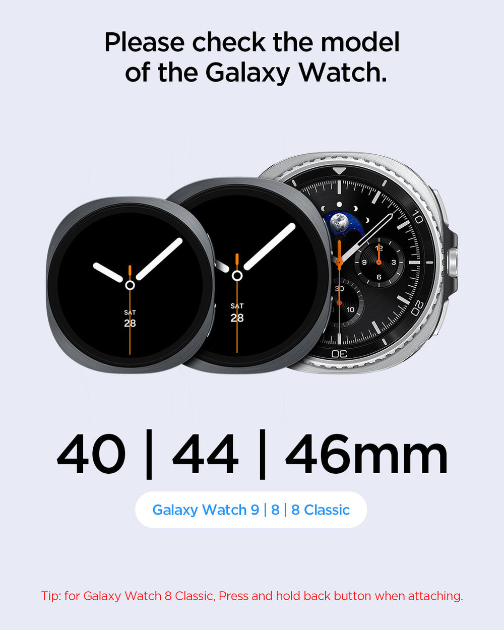 AMP11607 - Galaxy Watch 9 Series WBF1 showing size chart for checking Galaxy Watch 9 model, 40, 44, and 46mm face sizes with fitting tip