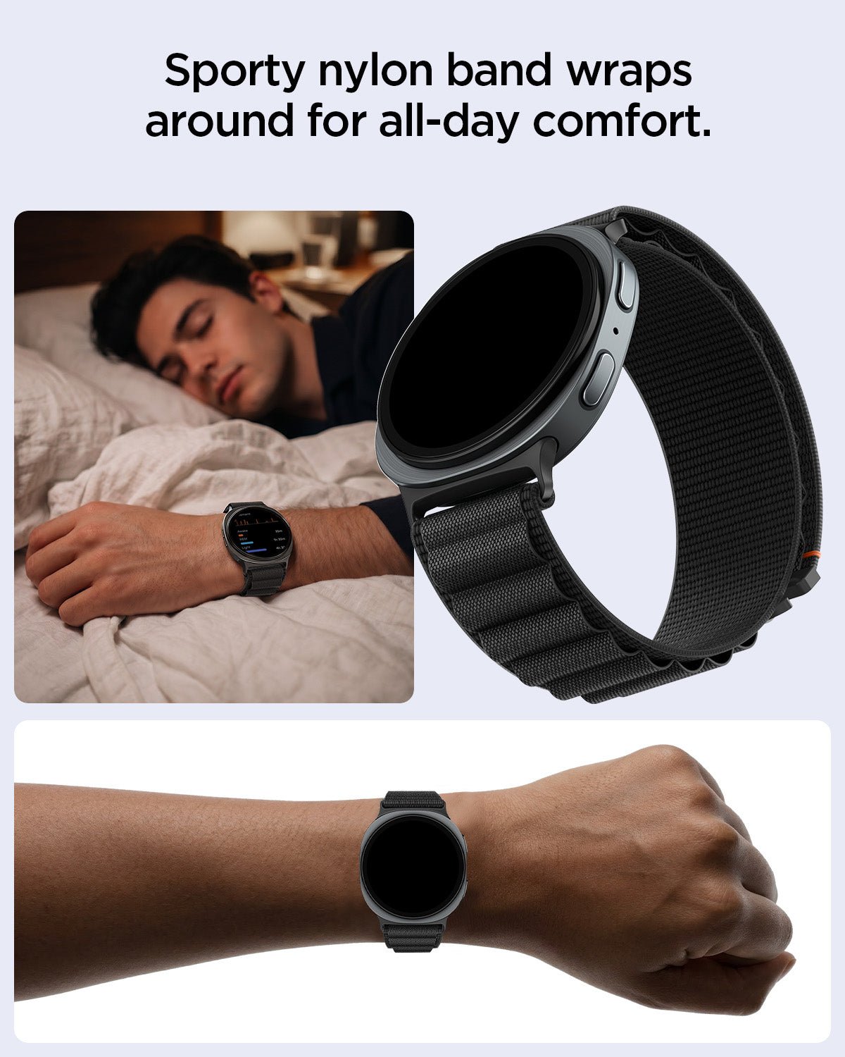 AMP11607 - Galaxy Watch 9 Series WBF1 showing Galaxy Watch 9 watch band comfort with a sleeping man and a close-up of the woven band